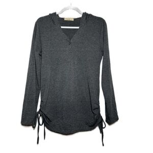 Cyanstyle Gray Charcoal Hooded Tunic Top Roll-Tab Sleeve Side Ruched Drawstring